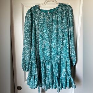 Teal Floral Long Sleeve Tiered Dress